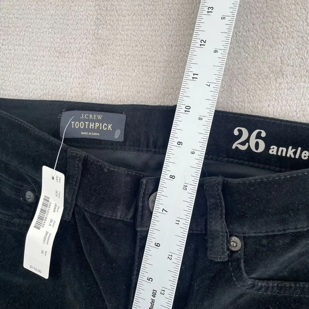 J. Crew Toothpick Ankle‎ Pants Women 29x28 (Tag 26) Black Velvet NWT $110